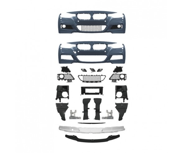 M Sport Priekinis buferio komplektas tinkantis BMW F30, F31 modeliams su žibintų apiplovimu ir su parktronikų sensoriais